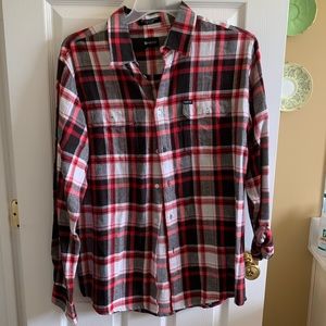 black, white and red plaid flannel